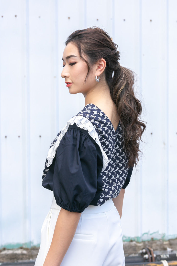 Dark Blue Retro Floral Top