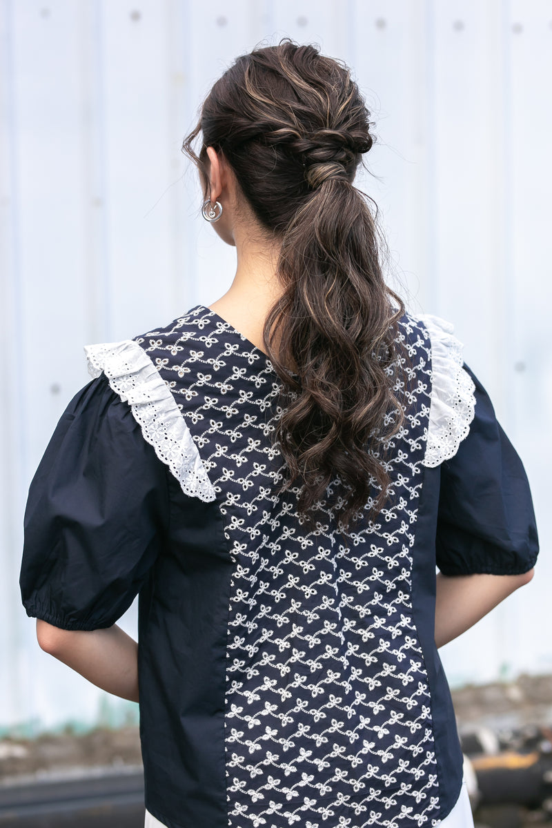 Dark Blue Retro Floral Top