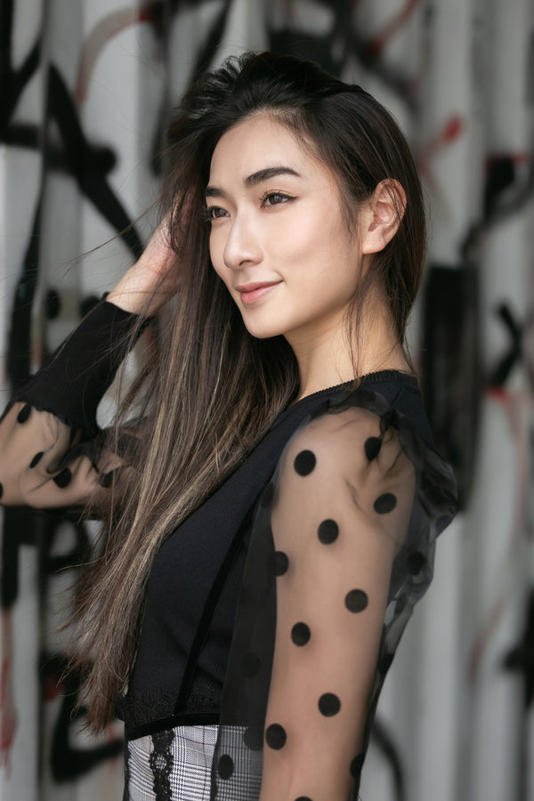 Polka dot mesh long sleeve knit