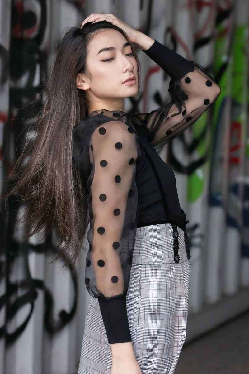 Polka dot mesh long sleeve knit