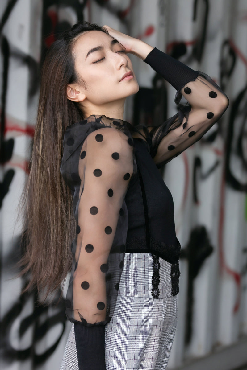 Polka dot mesh long sleeve knit