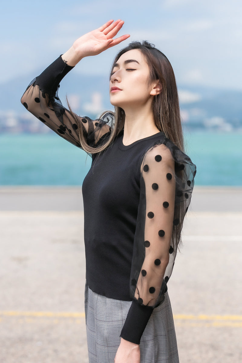Polka dot mesh long sleeve knit