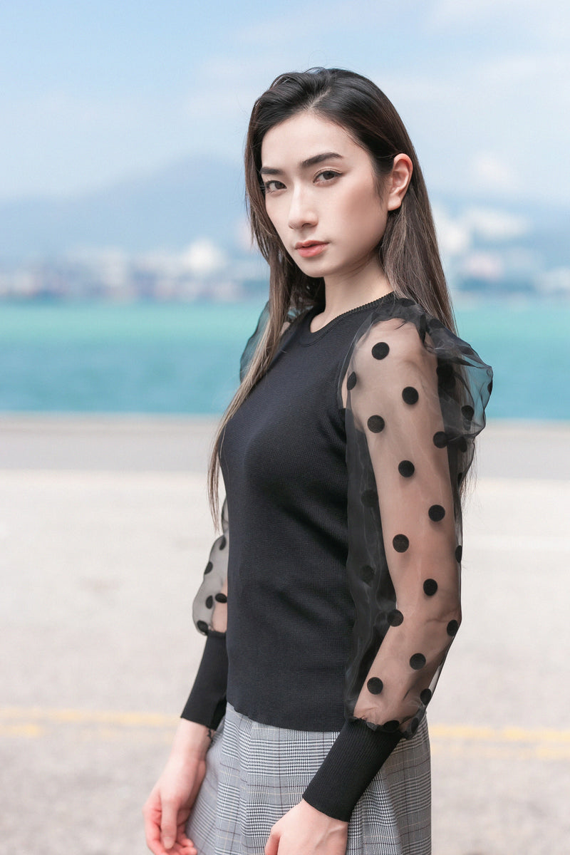Polka dot mesh long sleeve knit
