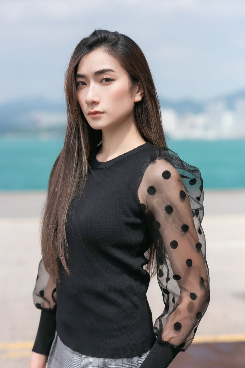 Polka dot mesh long sleeve knit