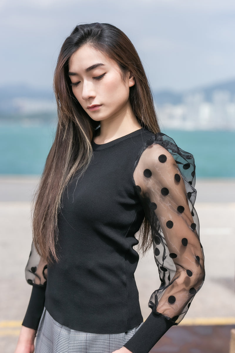 Polka dot mesh long sleeve knit