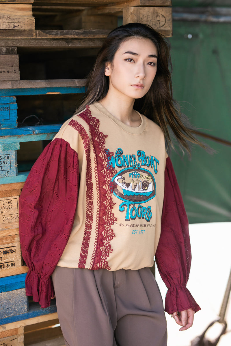 Lace stitching lantern sleeve sweater