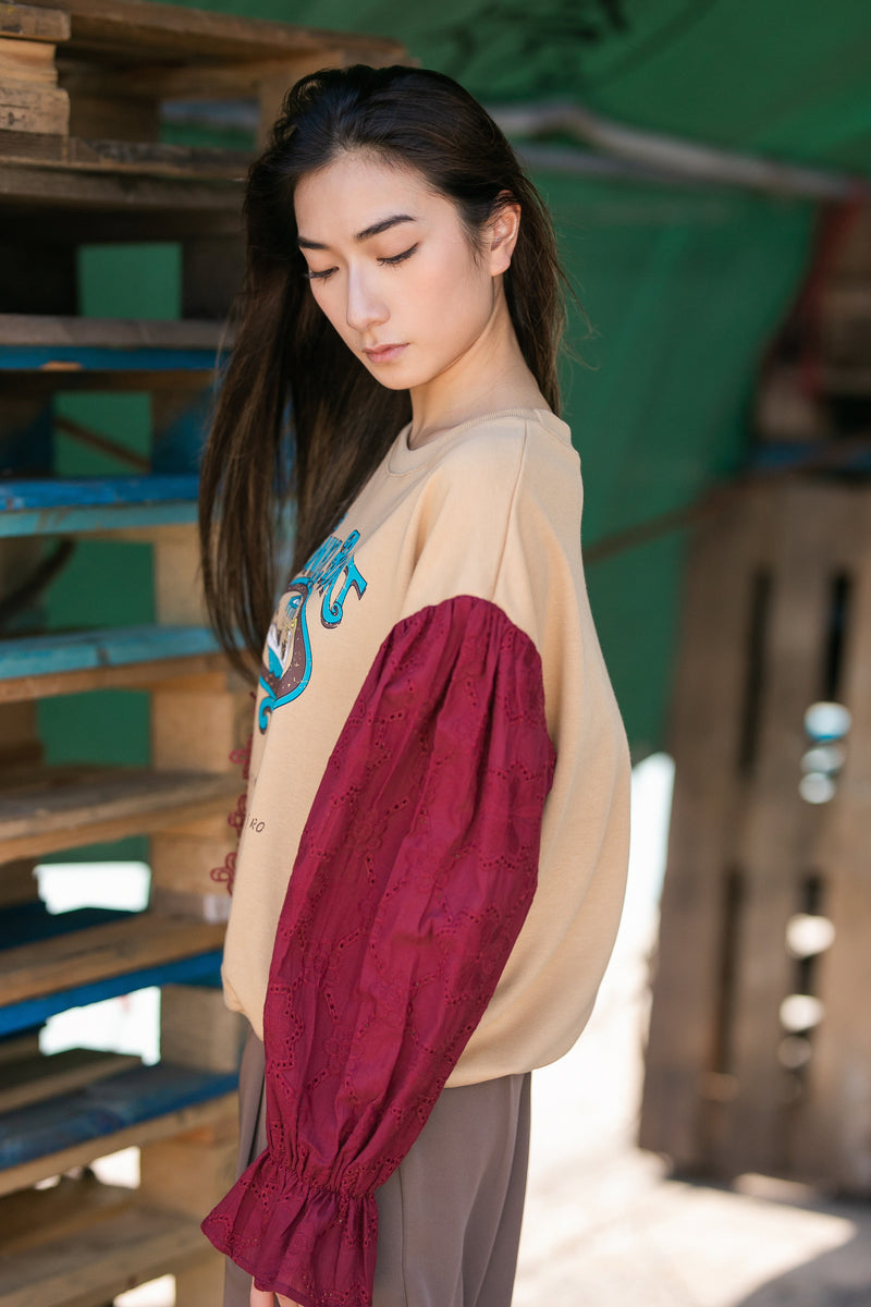 Lace stitching lantern sleeve sweater