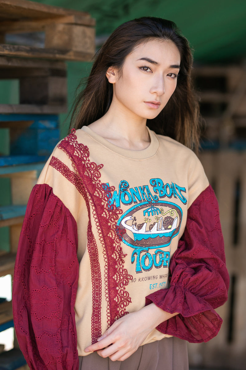 Lace stitching lantern sleeve sweater