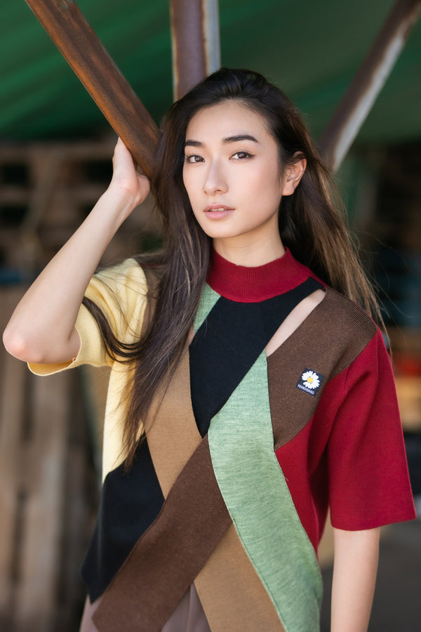 Colour block short sleeve knit top