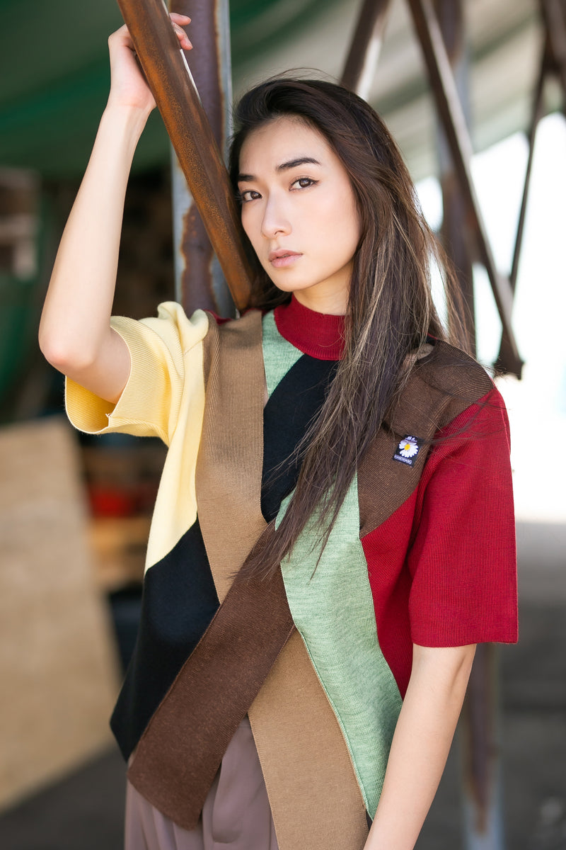 Colour block short sleeve knit top
