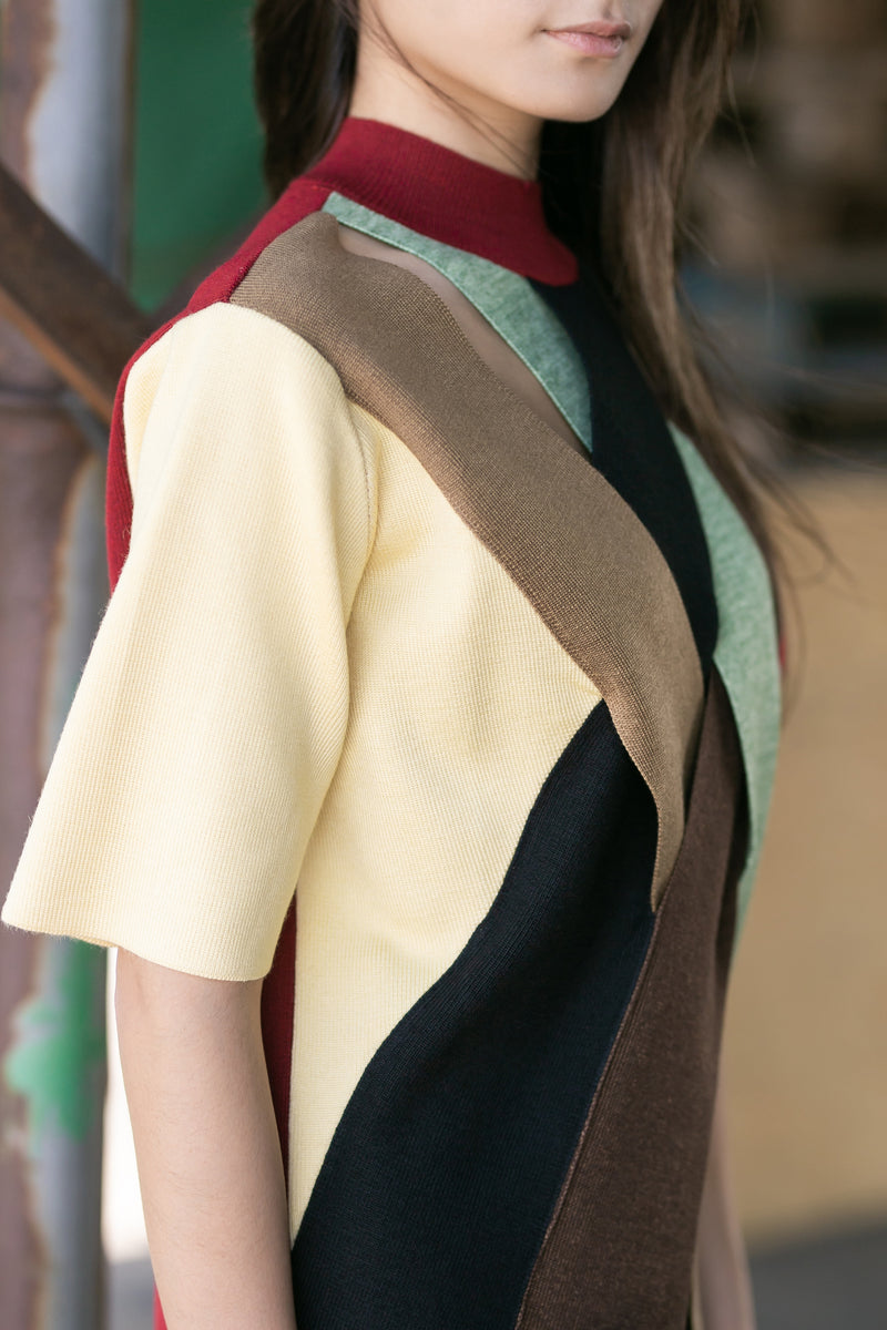 Colour block short sleeve knit top