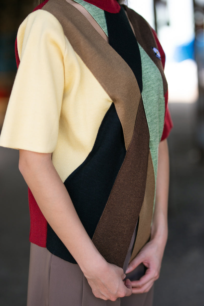 Colour block short sleeve knit top