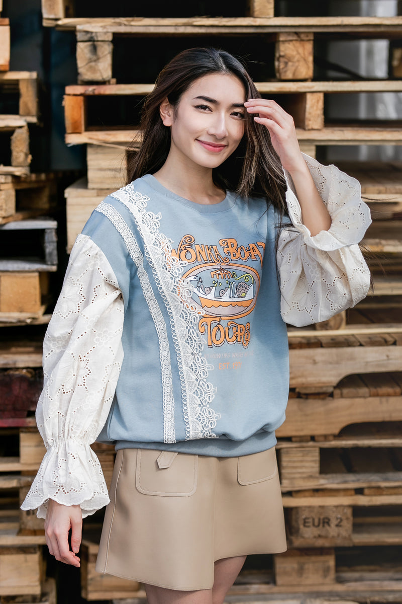 Lace stitching lantern sleeve sweater