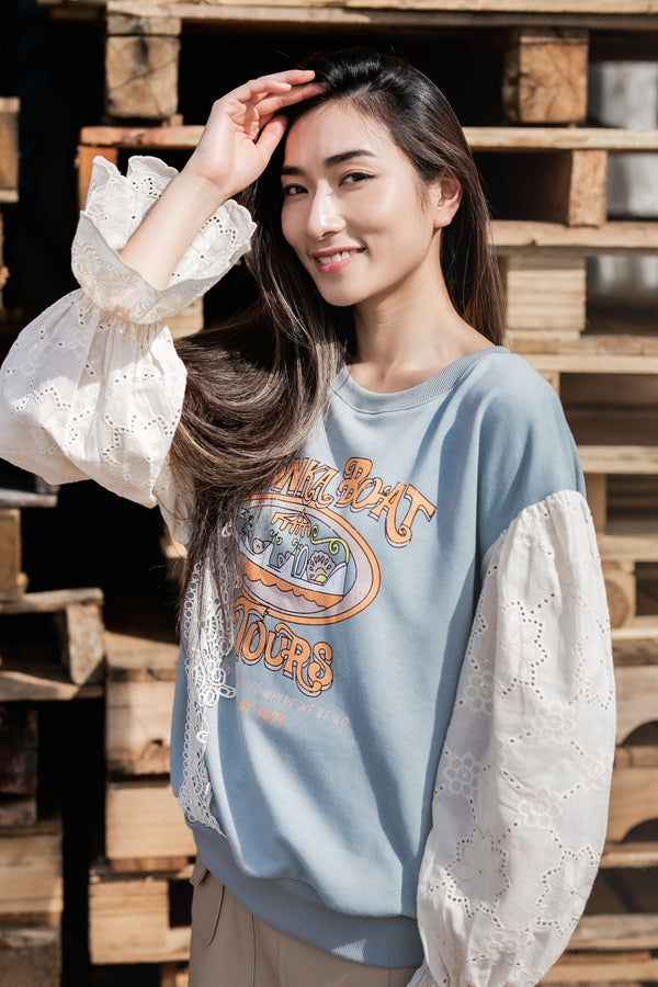 Lace stitching lantern sleeve sweater