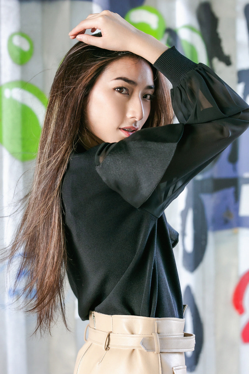 Chiffon sleeve knit top