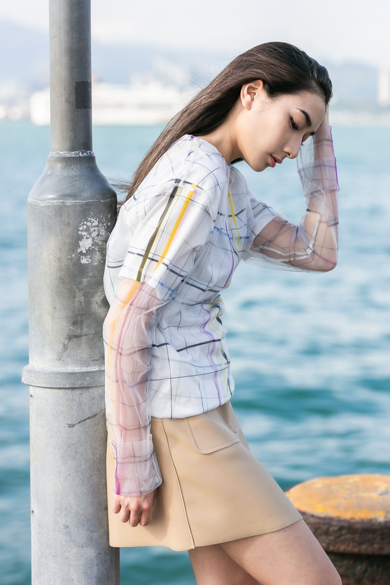 Checkered pattern mesh sleeve top