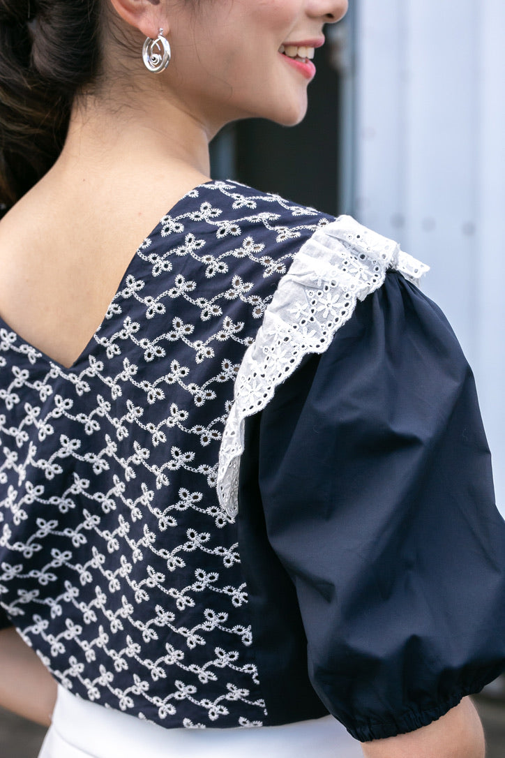 Dark Blue Retro Floral Top