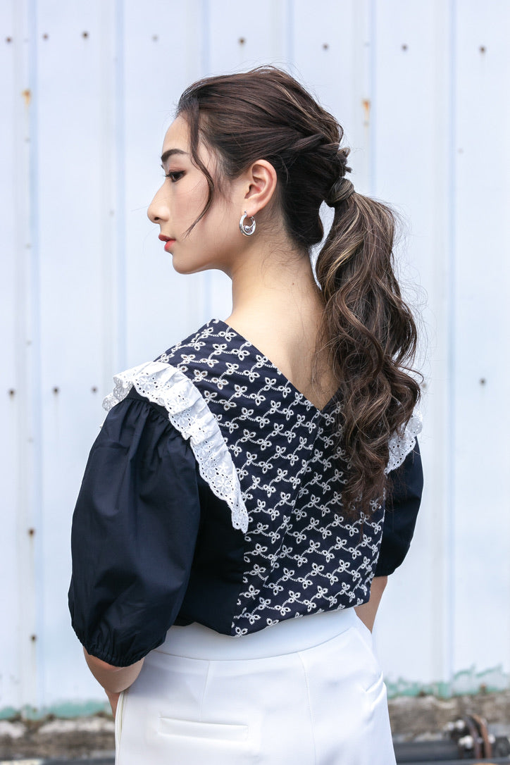 Dark Blue Retro Floral Top